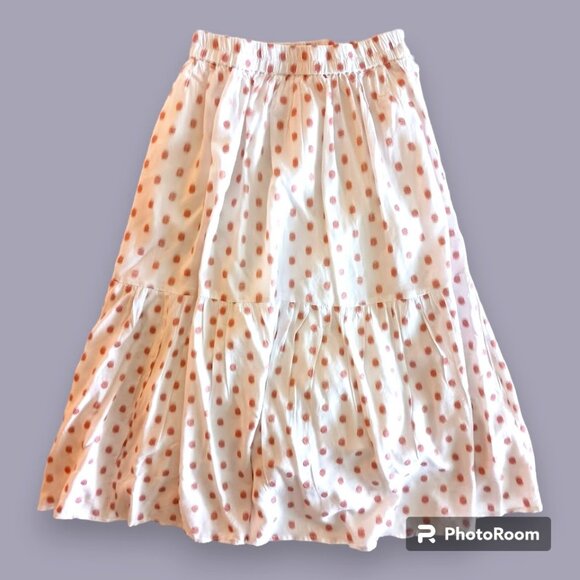 White and Light Red Pink Polka Dot Midi Skirt Womens Large Summer Lightweight - Picture 1 of 4